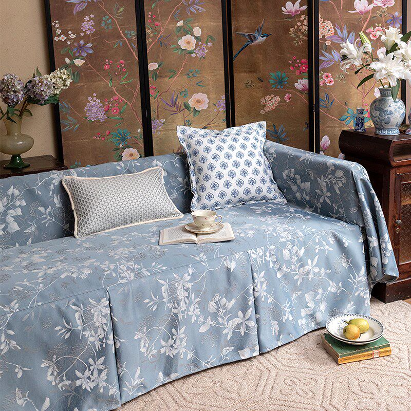 蓝色沙发巾提花沙发盖布新中式田园风防滑坐垫防猫V抓沙发罩防尘