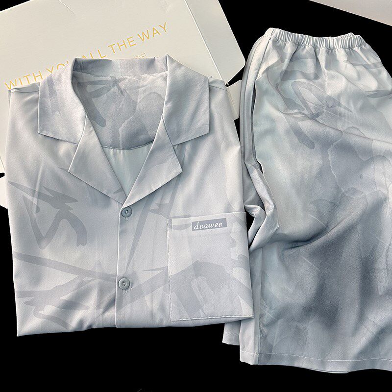 冰丝绸睡衣男款夏季短袖短裤大码宽松夏天外穿薄款男生家居服套装