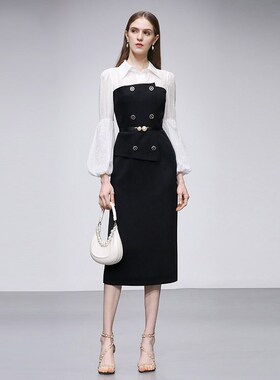 2025春季新款气质通勤风衬衣领撞色拼接灯笼袖黑色收腰修身连衣裙