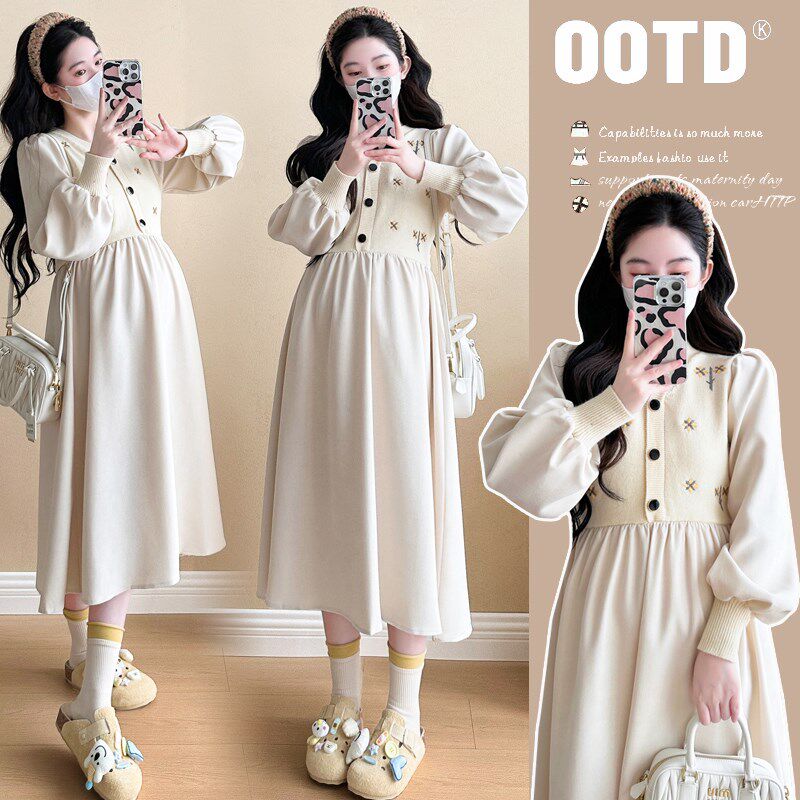 2025春秋小个子孕妇装连衣裙大码时尚甜美长P袖宽松显瘦减龄针织