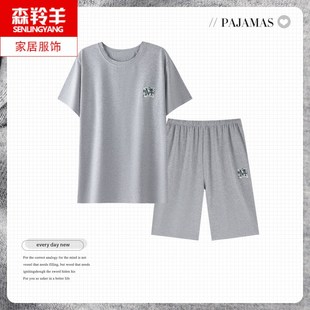睡衣男士夏季纯棉短袖薄款加肥加大码中年人爸爸休闲圆领男款套装