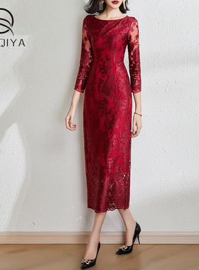 高端蕾丝绣花连衣裙女春季2024年新款时尚收腰显瘦中长款红色裙子