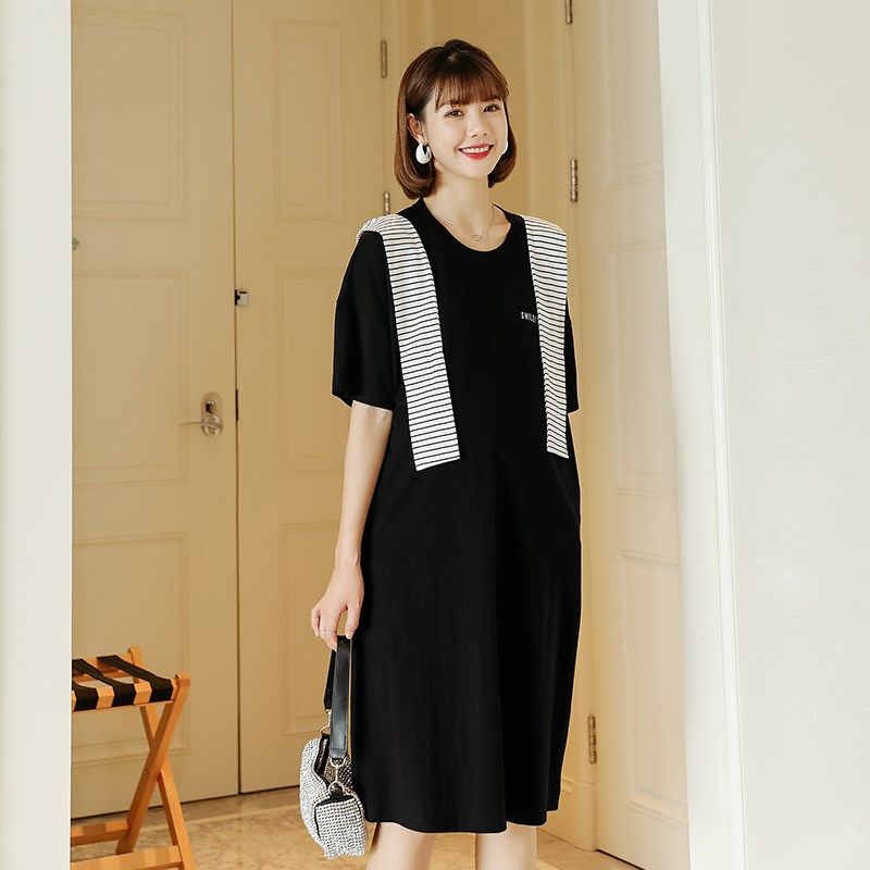 夏季孕妇装连衣裙T恤裙时尚简约中长款潮妈百搭夏天圆领裙子