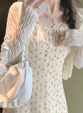 黄色碎花吊带连衣裙女夏温柔风外搭罩衫高级质感长款裙子两件套装