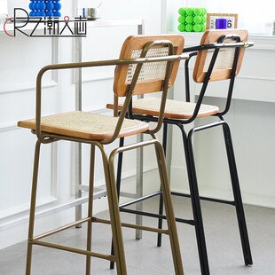 美式藤编吧台凳子简约靠背轻奢高脚凳家用高椅子铁艺吧台椅酒吧椅