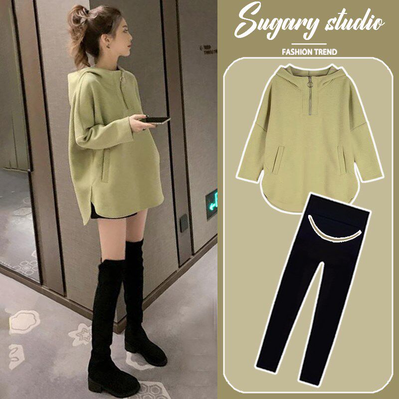 孕妇装秋a季套装连帽宽松大码洋气卫衣遮肚加绒加厚春秋上衣两件