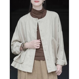 棉麻上衣女春秋新款文艺复古休闲宽松开衫圆领百搭高端亚麻短外套