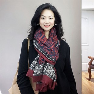 高贵典雅!红蓝腰果拼色棉麻围巾女士高级感保暖围脖春秋披肩两用