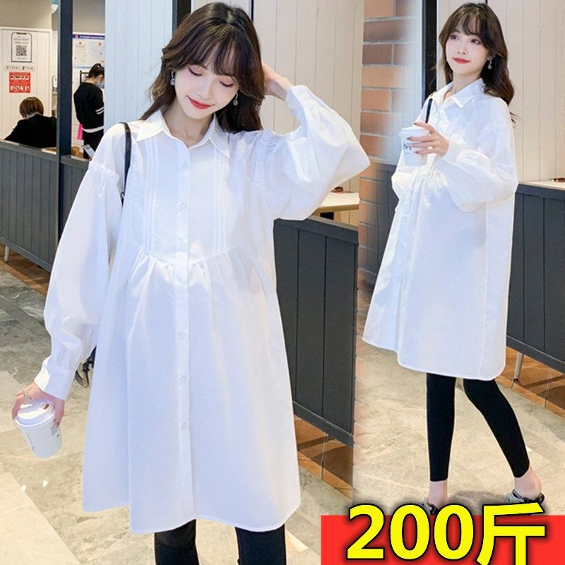超大码孕妇春装韩版宽松衬衫连w衣裙中长款200斤遮肚A字上衣套装