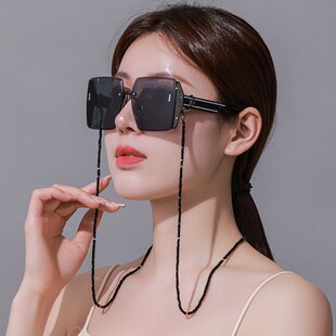 黑色方形水晶口罩链条p老花镜眼镜链女挂脖防脱落挂绳防滑防丢链