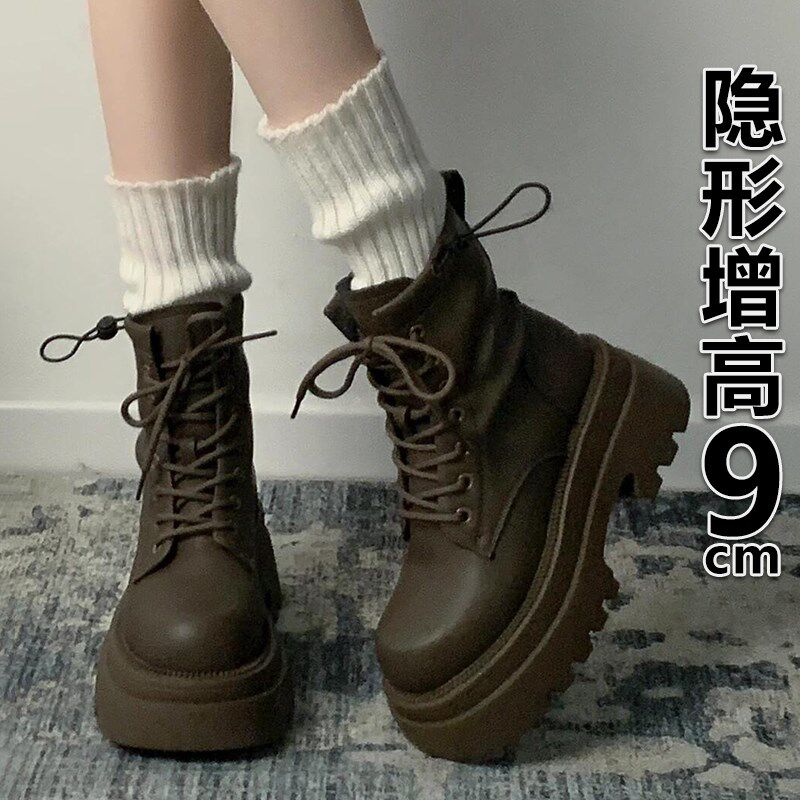 加绒内增高马丁靴女2024新y款秋冬黑色英伦风小个子短靴厚底靴子