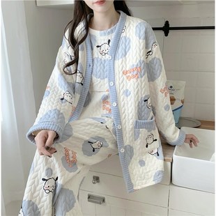 月子服秋冬款三件套加厚空气棉孕妇睡衣哺L乳可外穿产后可调节家