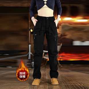 2025秋冬加绒美式工装裤宽松直筒男女款复古长裤男士多口袋休闲裤