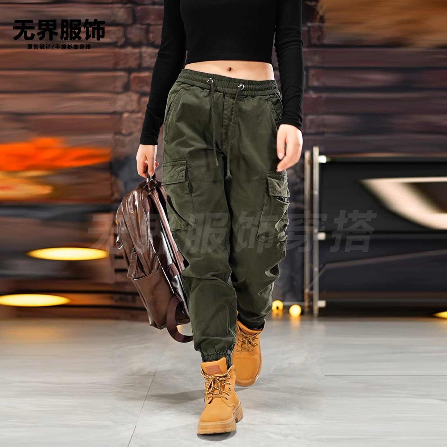 美式复古工装裤男女同款春秋拉链束脚多口袋秋季松紧腰男士休闲裤