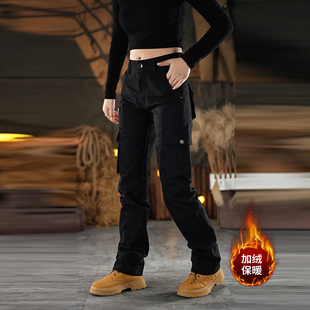 美式复古加绒工装裤男秋冬季宽松直筒多口袋加厚大码休闲长裤潮牌