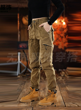 美式复古工装裤男女同款百搭显瘦松紧腰束脚裤侧拉链多口袋休闲裤