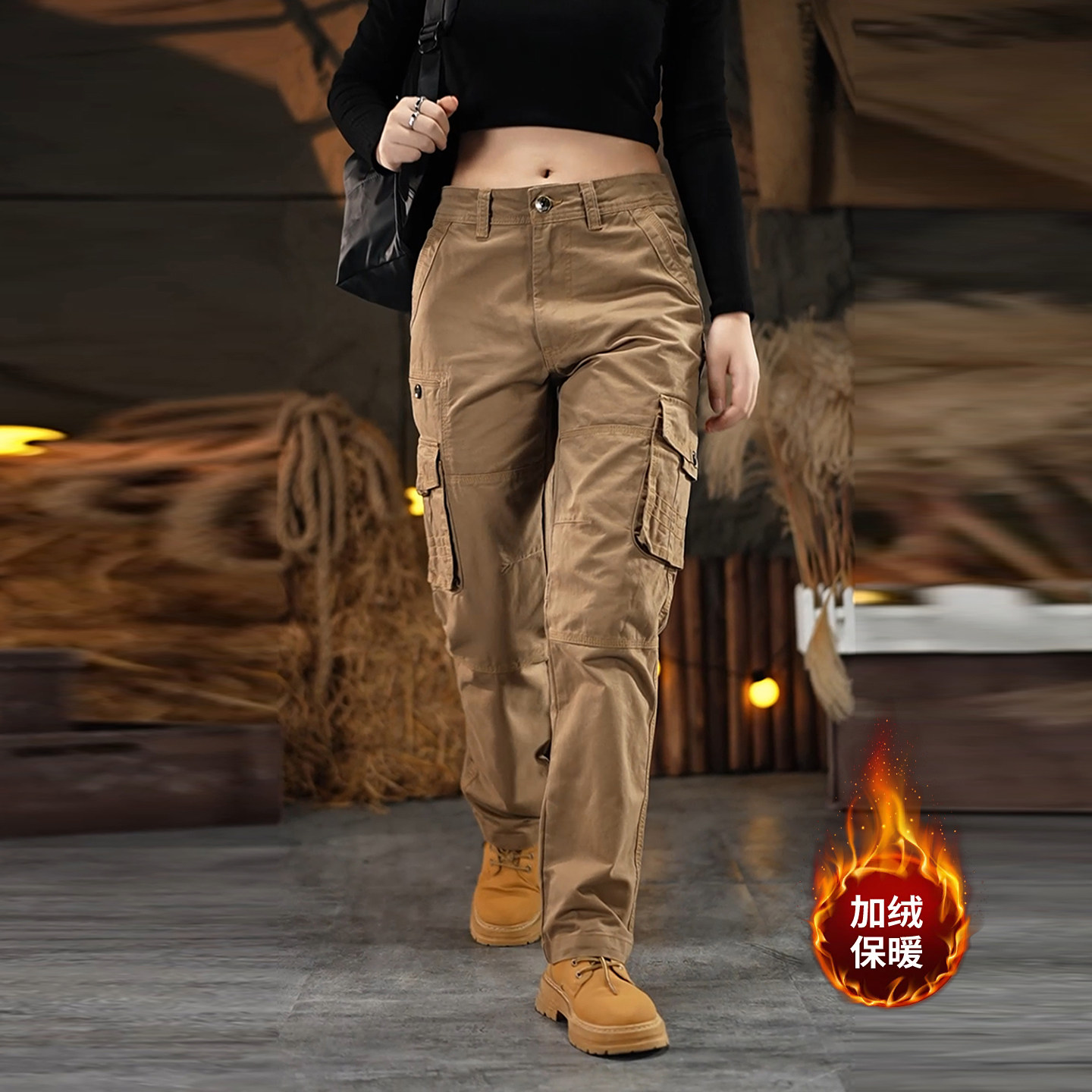 美式复古直筒多口袋工装裤子男春秋季2026新款宽松男士加绒休闲裤