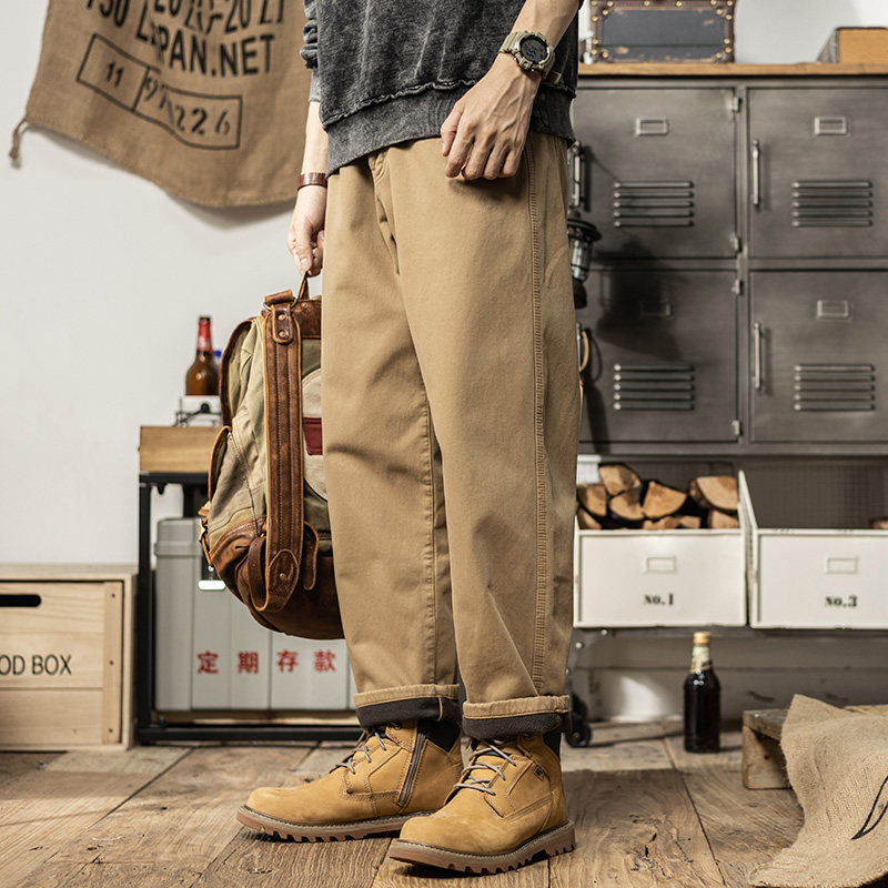 秋冬加绒休闲裤美式复古直筒简约宽松纯棉保暖长裤卡其工装男裤子