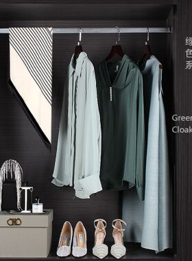 绿色系样板房间衣帽间主卧室衣柜软装饰品衣服鞋子包香水套装摆件
