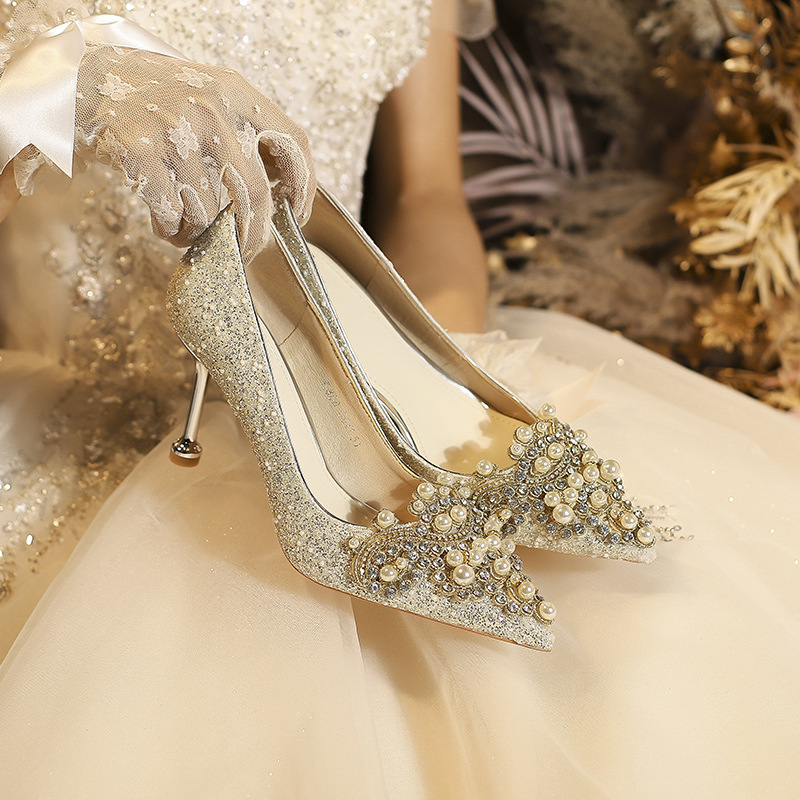 E888-12 法式高跟鞋新款亮片婚鞋秀禾两穿新娘鞋时尚婚纱伴娘鞋女