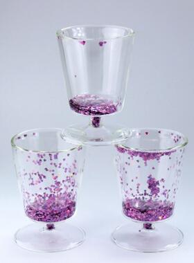 甄选8oz双层脚红酒杯夹层爱心亮片耐热玻璃脚果汁杯啤酒杯牛奶杯