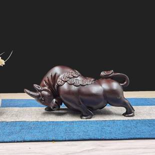 花梨金钱牛牛气冲天斗牛黑檀木雕工艺品摆件