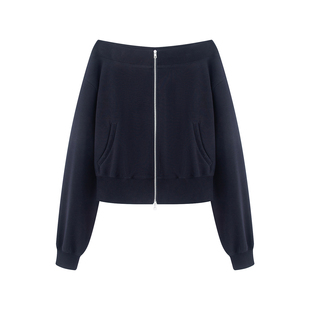 艾家商场同款2026春新款一字肩拉链卫衣短外套气质百搭上衣551109