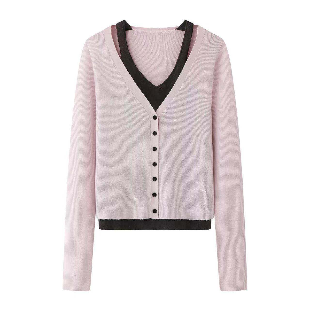 2026春新款艾诺丝假两件V领针织衫女粉色纽扣撞色拼接上衣267135,女装/女士精品,毛针织衫,淘宝优惠券,粉丝福利购,淘宝优惠卷