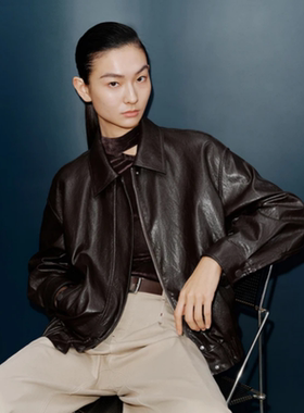 2026春新款艾诺丝时尚百搭翻领休闲宽松PU皮衣短外套女夹克101128