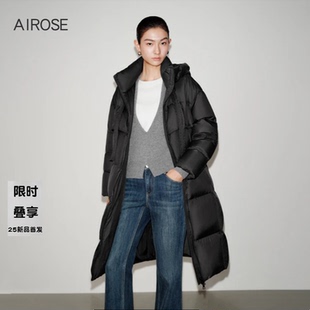 2025冬装新款艾诺丝时尚百搭显瘦黑色长款连帽羽绒服女外套004131