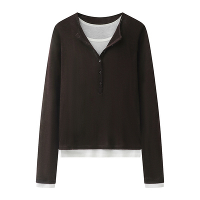 艾家商场同款2026春新款假两件打底衫显瘦长袖撞色上衣内搭601155