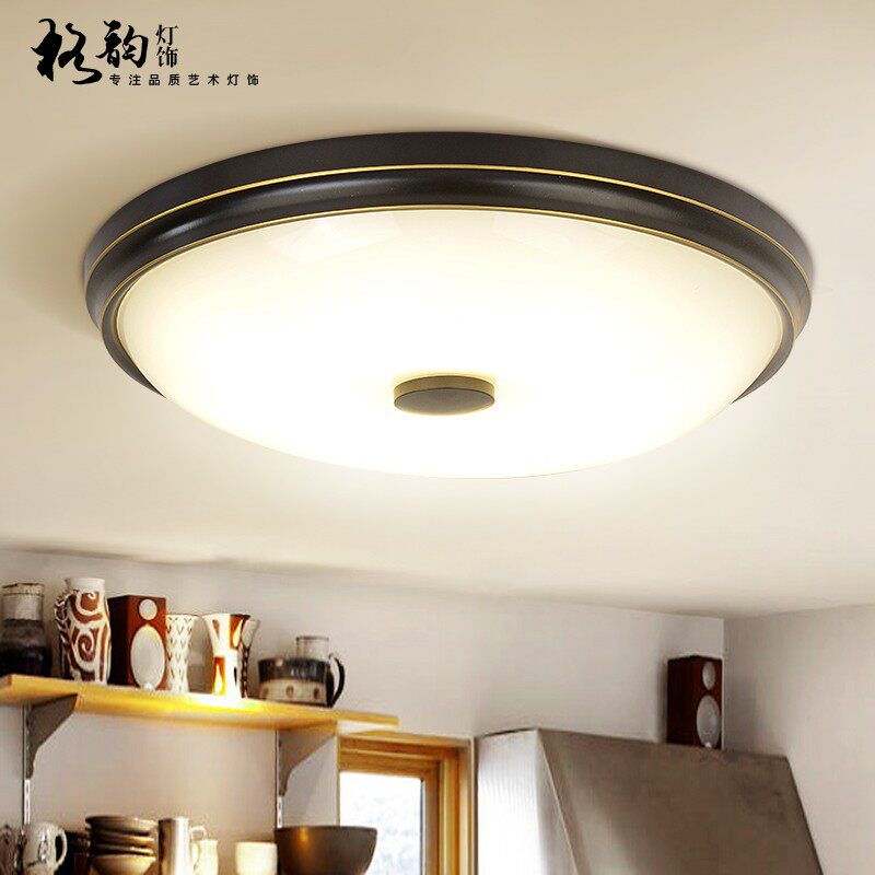 美式LED吸顶灯卧室阳台过道圆形吸顶灯田园黑色描金灯具