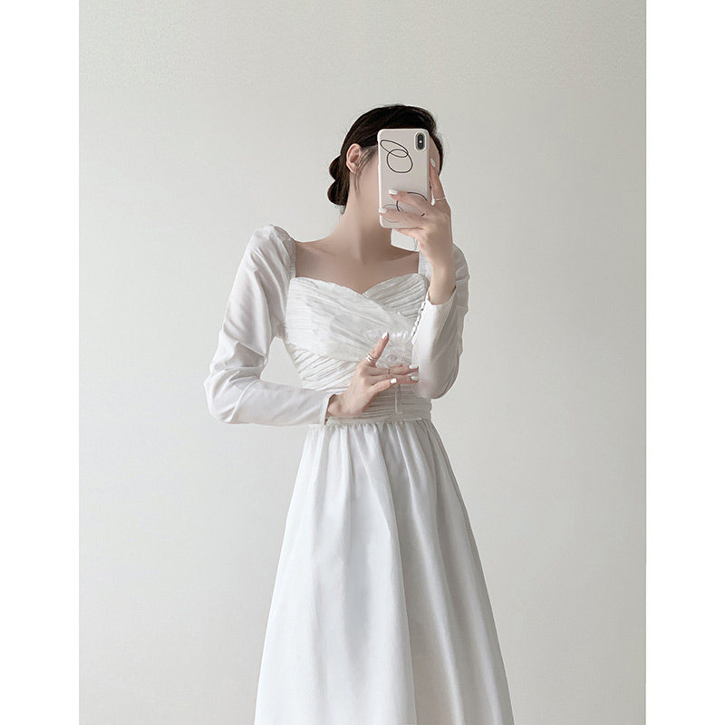 高级感超好看独特订婚礼服白色连衣裙女春季新款甜美法式白色长裙