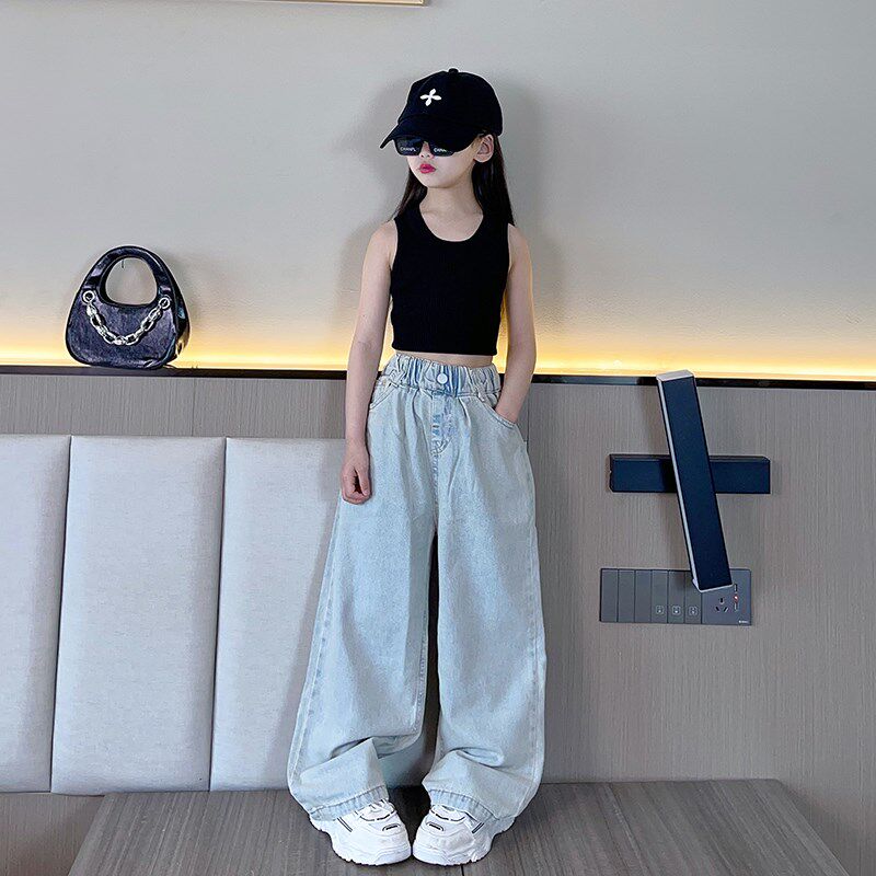 女童套装夏季牛仔裤薄款2024新款洋气时髦大童背心阔腿裤子两件套