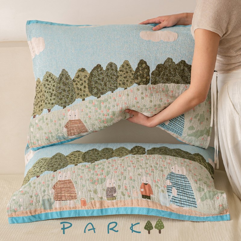 猫咪公园枕巾纯棉a类四层棉纱四季通用蓝色枕巾盖柔软小清新情侣