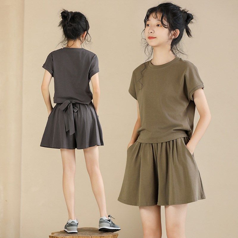 女童短袖套装夏季系带T恤宽松短裤裙两件套大童女装休闲夏天衣服