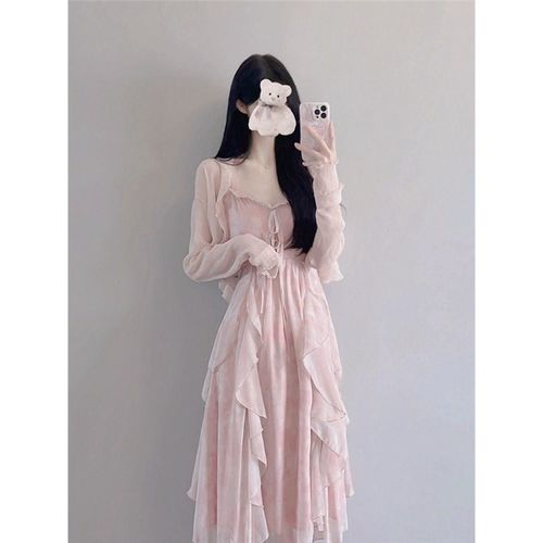 超仙薄款套装外套2025春秋连衣裙荷叶边吊带甜欲长裙新款女装收腰