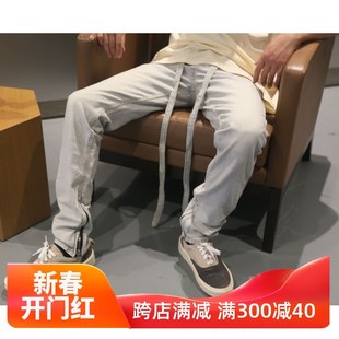 FOG高品质6TH浅蓝色抽绳飘带修身 潮 小直筒做旧反水洗侧拉链牛仔裤