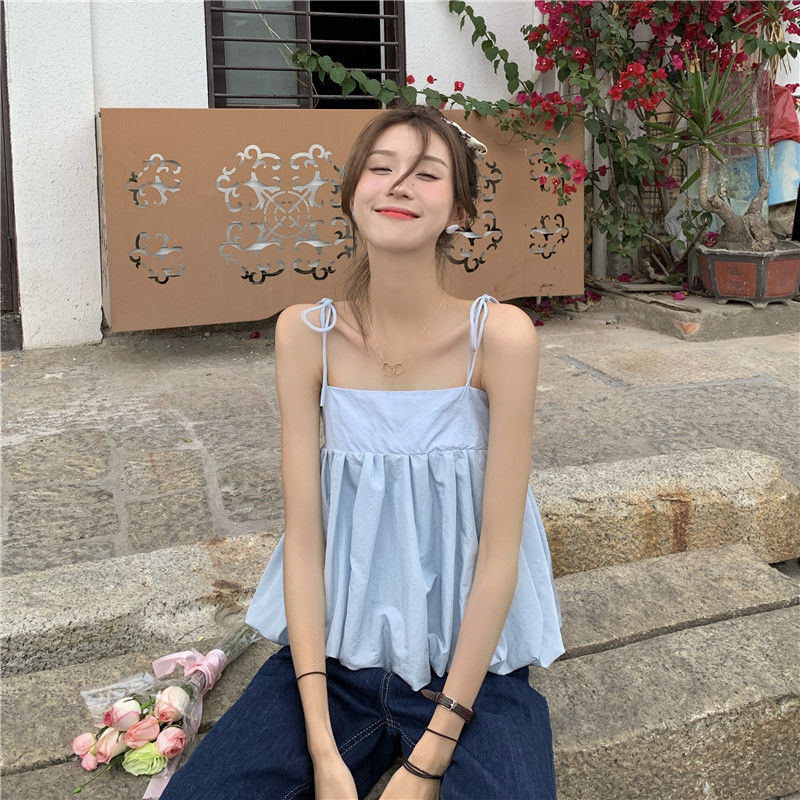 夏季2021年新款薄款蓬蓬辣妹上衣花苞无袖小吊带背心内搭外穿女装