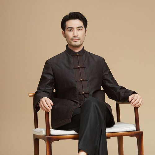高档唐装男中老年真丝香云纱高档外套秋冬季加厚棉服国风刺绣上衣