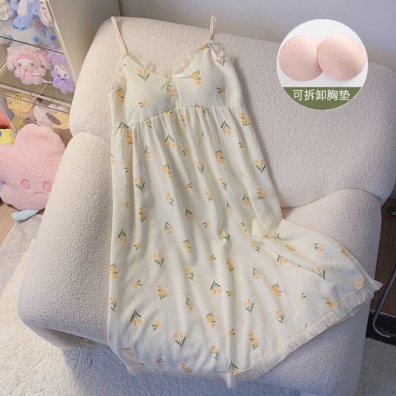 纯欲风吊带睡裙女夏季梭织棉带胸垫睡衣甜美小个子夏天薄款家居服