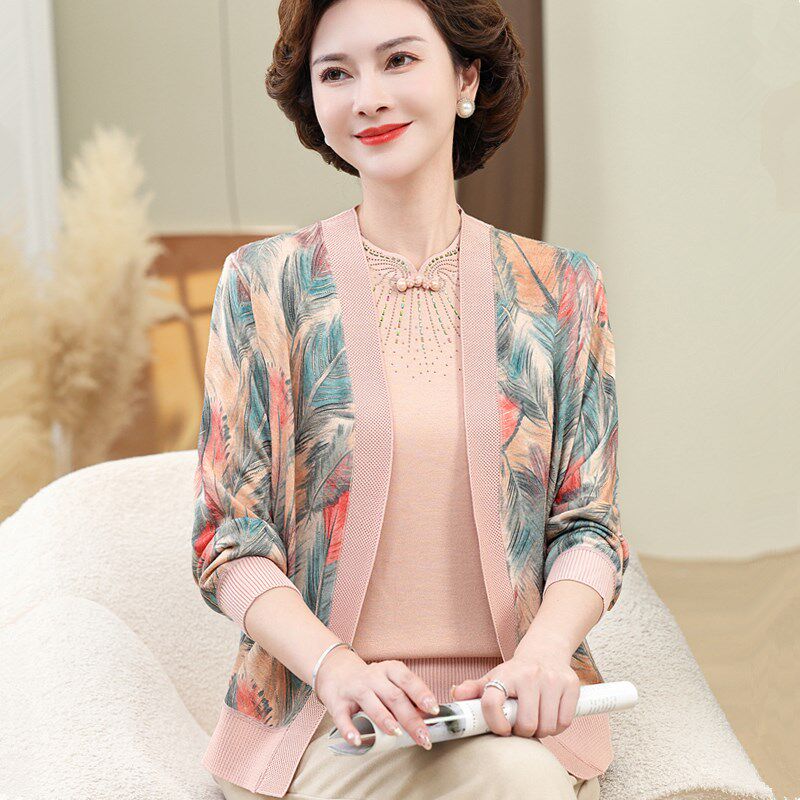 洋气妈妈夏装短袖两件套中老年人女春秋新款针织开衫外套休闲套装