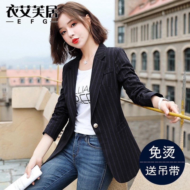 黑色条纹西装外套女春秋季2024新款韩版修身高级感小个子西服上衣