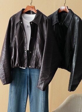 蛮文 质感高级 植鞣蛋白皮 花苞松紧下摆小个子短款皮衣外套46223