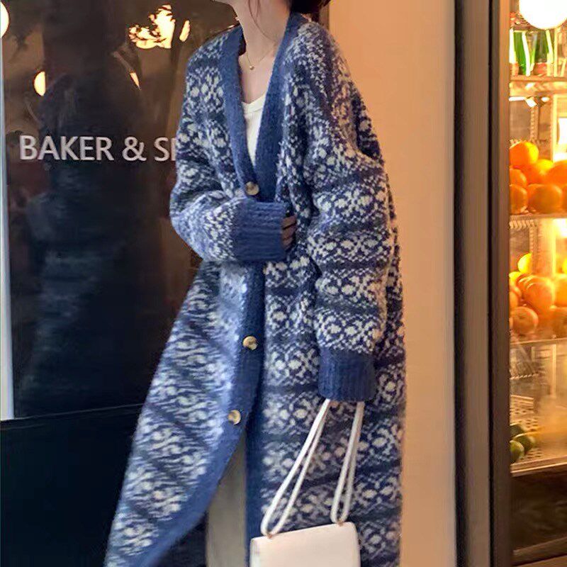 大码300斤洋气时髦名族风长款毛衣秋冬胖mm宽松慵懒大开衫外套女