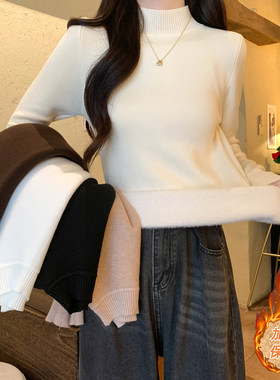 半高领一体绒毛衣女春秋修身短款内搭加绒加厚保暖打底针织衫上衣