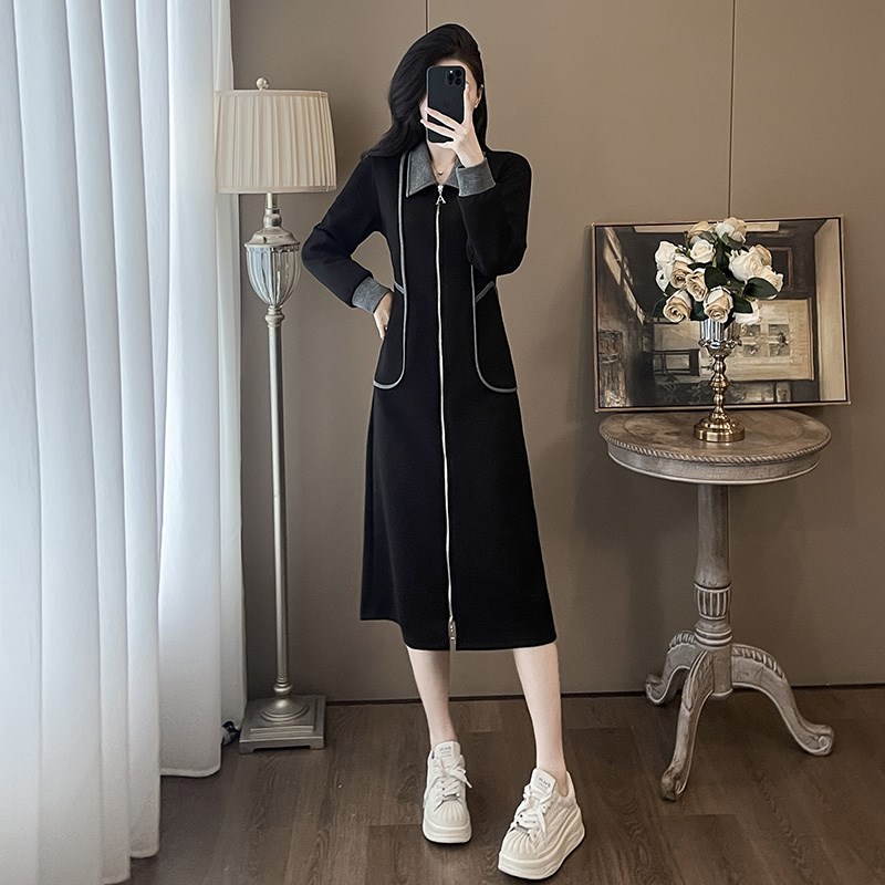 秋冬季新款超显瘦休闲卫衣连衣裙女双拉链设计感精致优雅黑色长裙