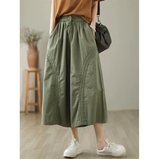 系带休闲裙裤 复古工装 宽松简约松紧腰九分裤 女夏季 全棉斜纹阔腿裤