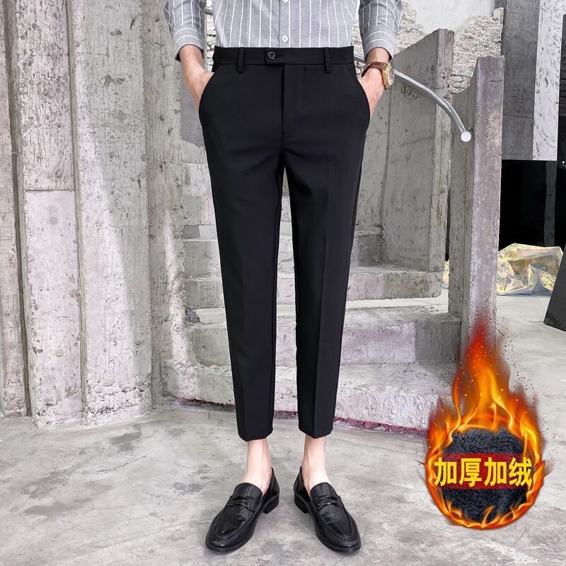 秋冬九分西装裤男加绒加厚坠感小西裤男士修身小直筒裤子韩版潮流
