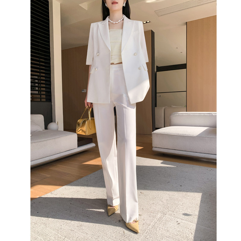 白色西装外套女高级感2025新款夏薄款阔腿裤职业气质休闲西服套装
